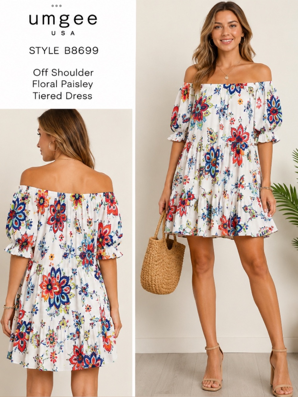 Umgee White Floral Off-Shoulder Dress Red, Blue, Green, Purple M EUC